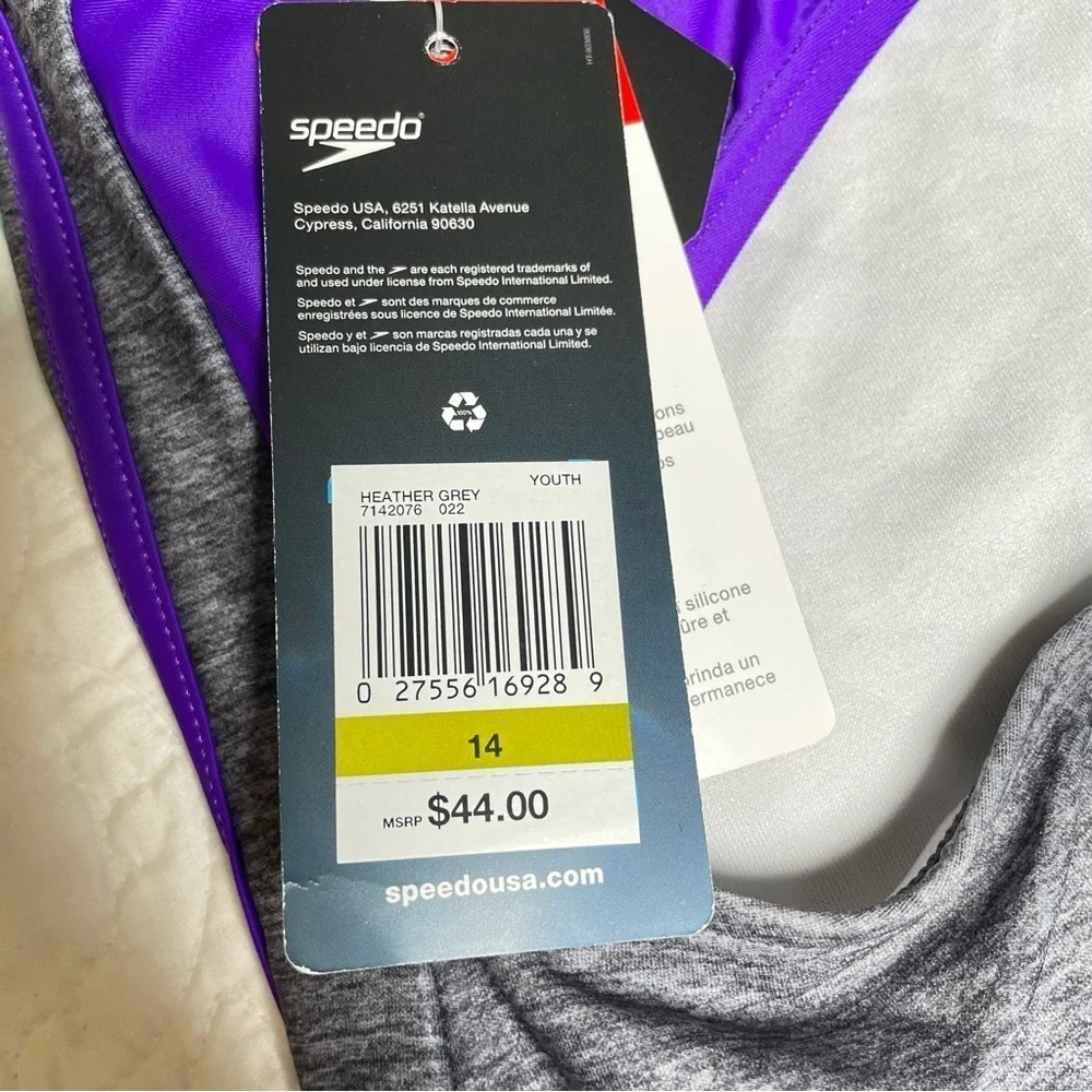 New With Tags Speedo Girls One Piece Racerback Swimsuit Size 14 Gray Purple Aqua